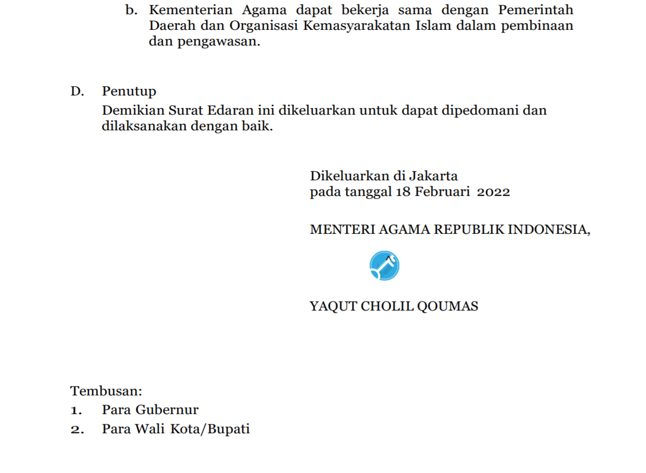 Surat Edaran Menteri Agama No SE 05 tahun 2022 tentang Pedoman Penggunaan Pengeras Suara di Masjid dan Musala